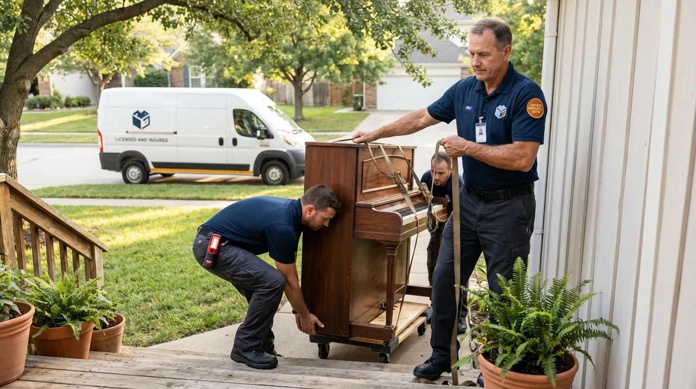 Licensed piano movers securing grand piano in Tyler, TX