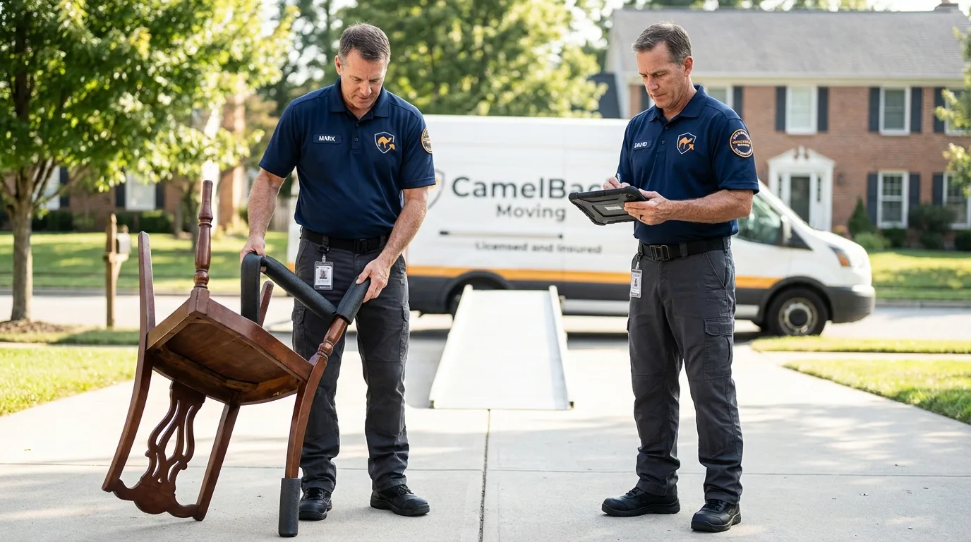 Movers inspecting furniture for damage prevention before loading in Tyler, TX